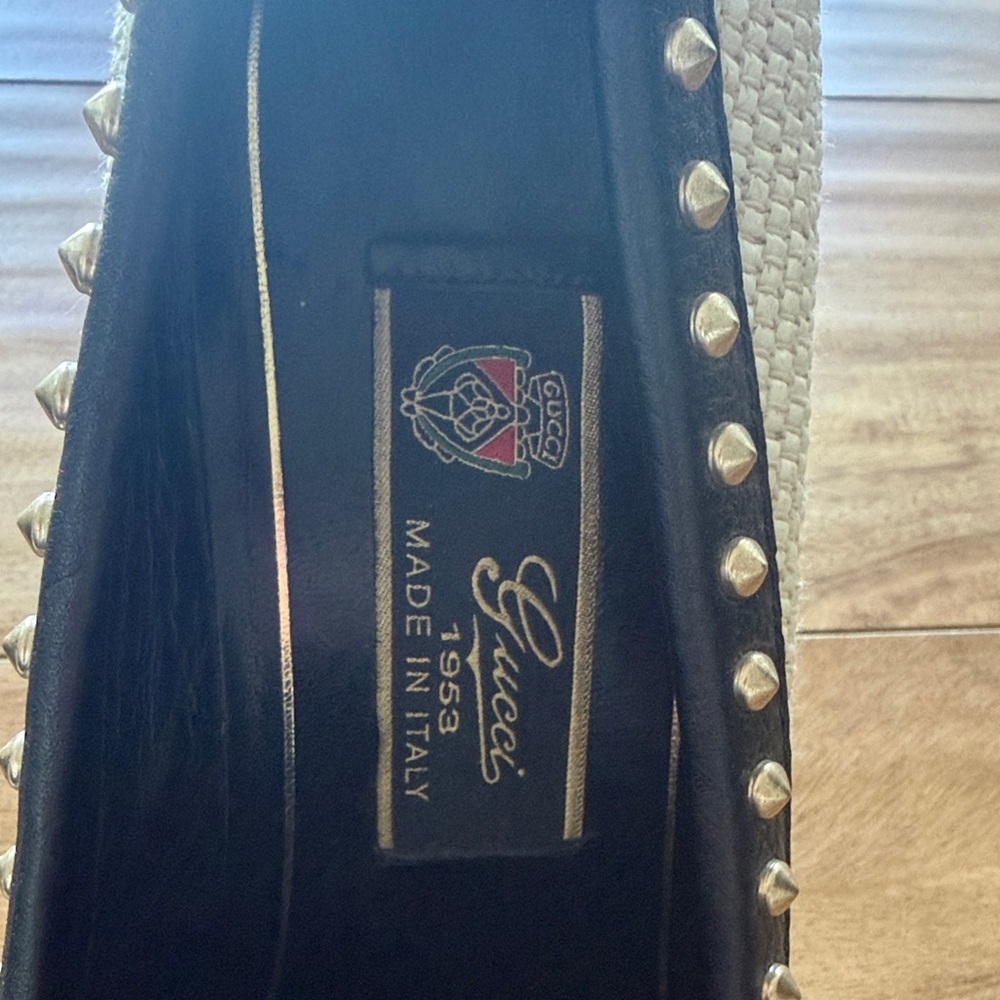 Gucci Black/Cream Leather and Straw Studded Horsebit Alyssa Loafer Pumps Size 38 - Picture 3 of 10